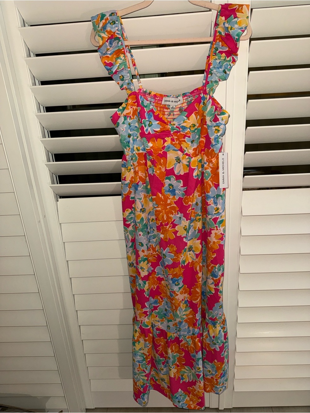 NWT - Emma & Michelle Bright Floral Ruffle-Strap Sundress in Pink, Orange & Blue